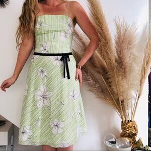 VINTAGE HELEN WANG Green White Striped Floral Tank Top Black Ribbon Dress 8